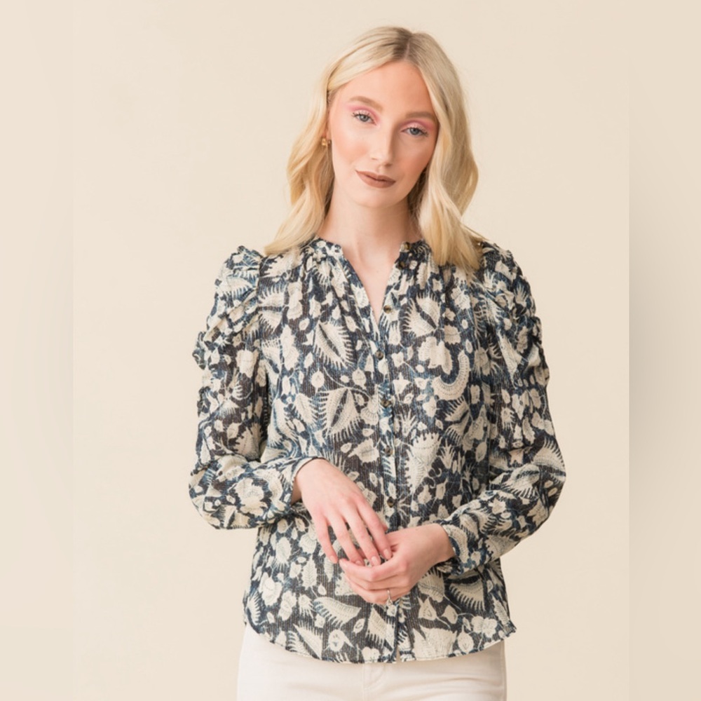 Ulla Johnson Blue & Cream Botanical Puff-Sleeve Blouse